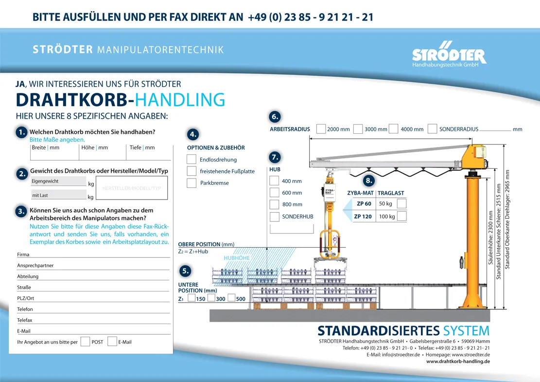 Wire basket handling Fax reply page of the STRÖDTER product page